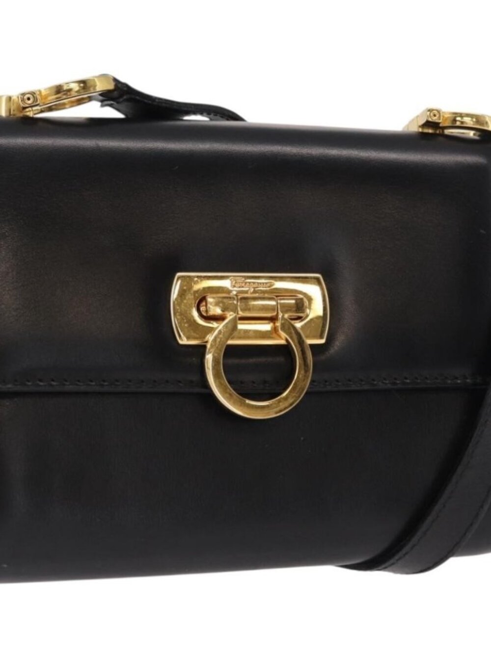 Salvatore Ferragamo Gancini Shoulder Bag Leather Black Gold Auth bs31444